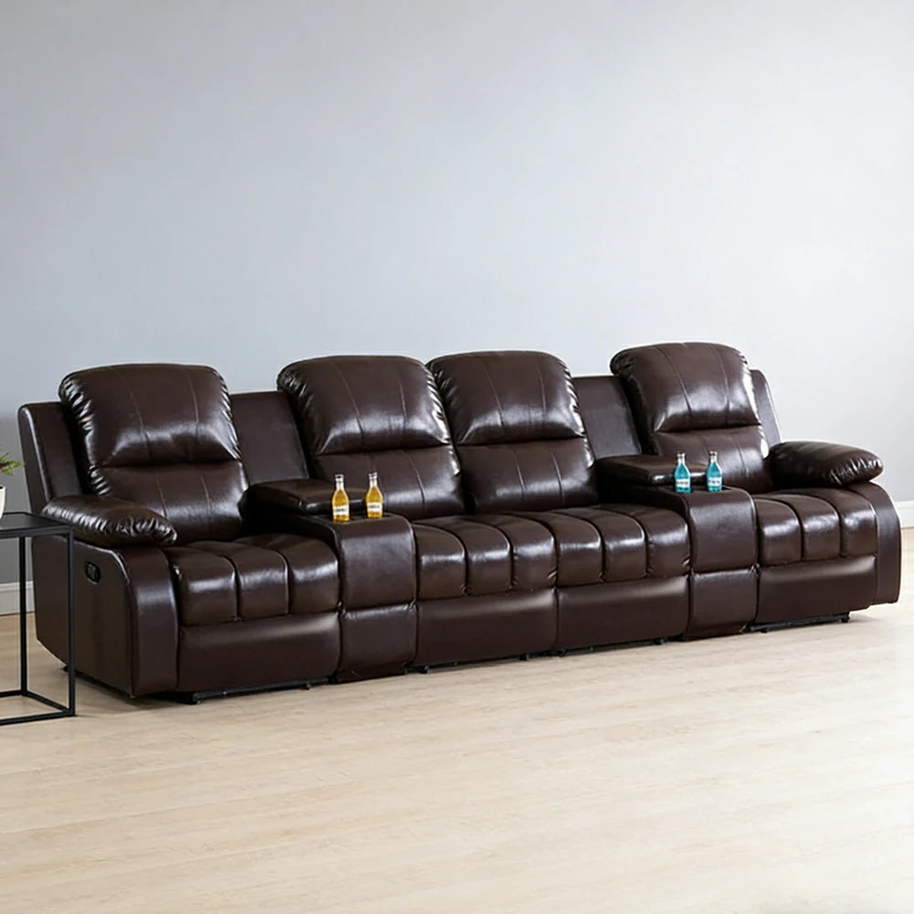 LUXORA 3.4/4.2m Quad Electric Home Theatre Recliner Sofa with Dual Centre Consoles Top-Grain Leather One-Touch Adjustable Backrest & Footrest - Black