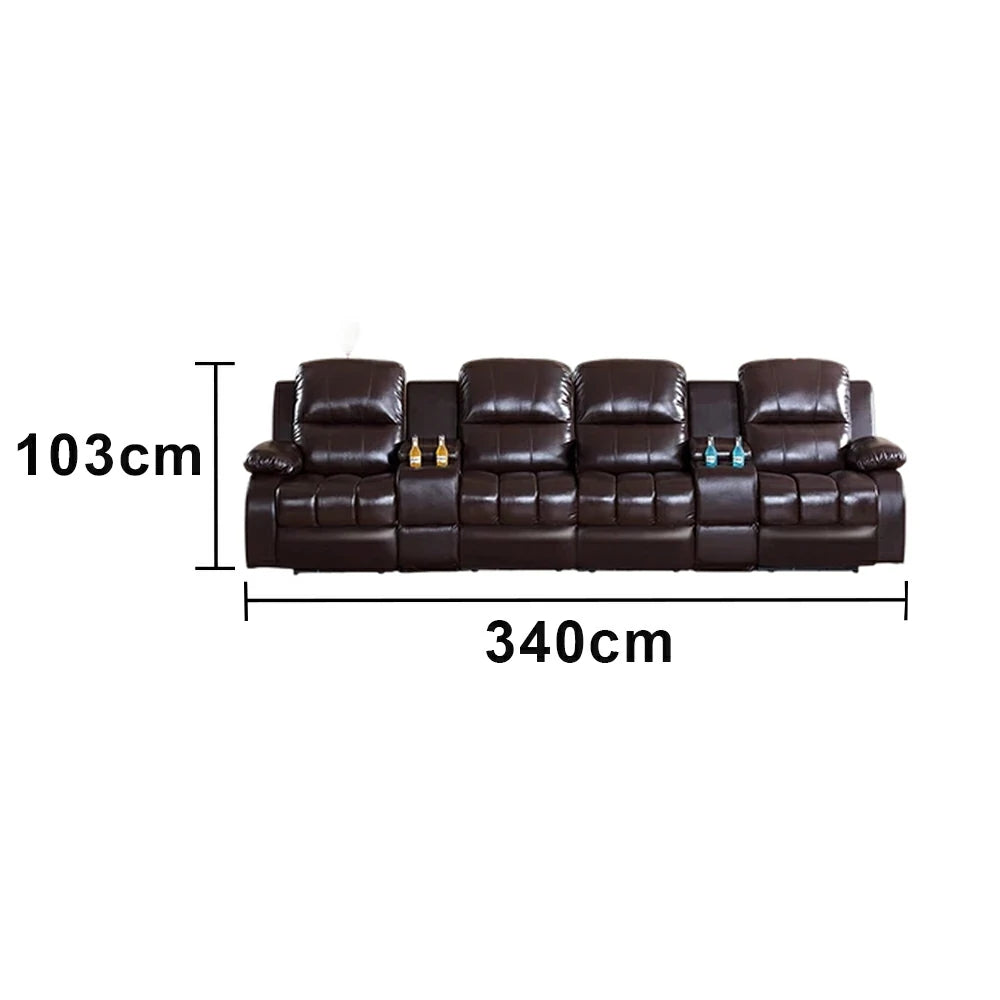 LUXORA 3.4/4.2m Quad Electric Home Theatre Recliner Sofa with Dual Centre Consoles Top-Grain Leather One-Touch Adjustable Backrest & Footrest - Black