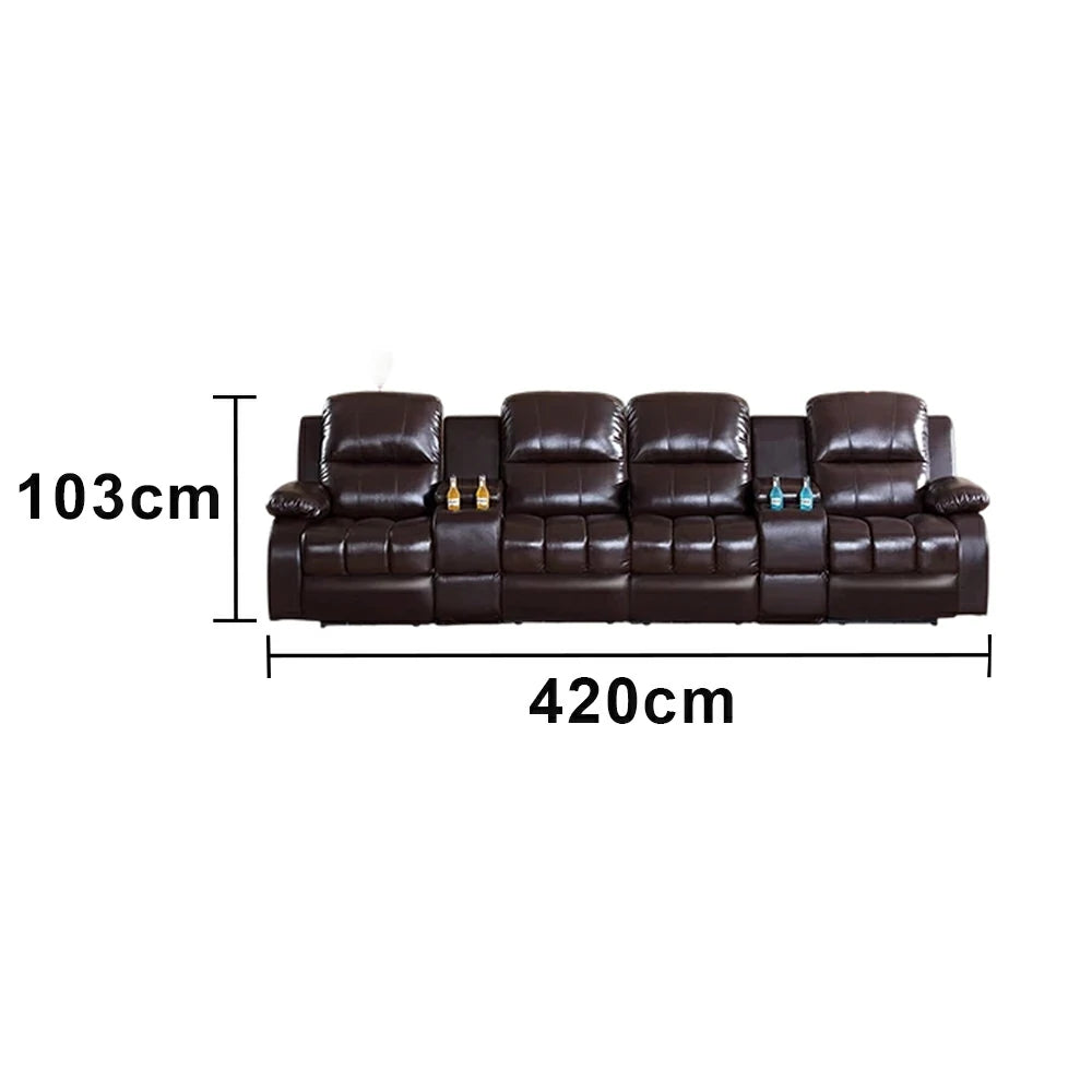 LUXORA 3.4/4.2m Quad Electric Home Theatre Recliner Sofa with Dual Centre Consoles Top-Grain Leather One-Touch Adjustable Backrest & Footrest - Black