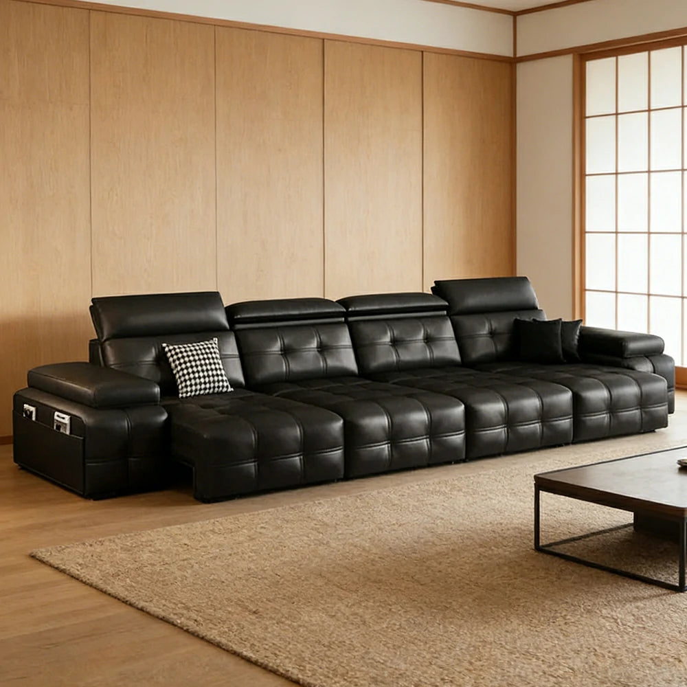 LUXORA 3.35/4.55m 4-Seater Quad Electric Recliner Sofa Zero-Wall Design Multi-Mode Adjustable Backrest Ergonomic Comfort Top-Grain Leather - Black