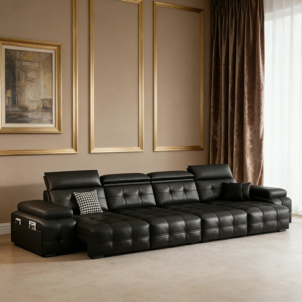LUXORA 335/455cm 4-Seater Quad Electric Recliner Sofa Zero-Wall Design Multi-Mode Adjustable Backrest Ergonomic Comfort Top-Grain Leather - Black