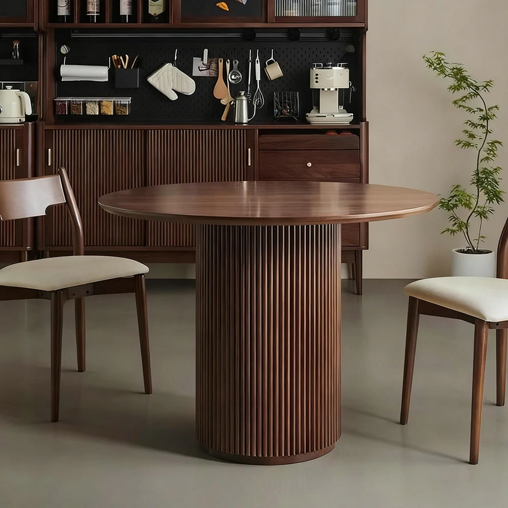LUXORA 90/100cm Round Dining Table Walnut Veneer Single Pedestal Base Modern Space-Efficient Design - Walnut
