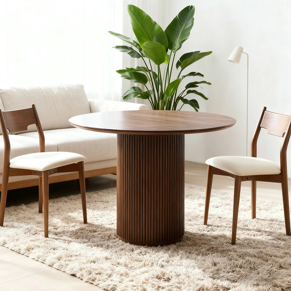 LUXORA 90/100cm Round Dining Table Walnut Veneer Single Pedestal Base Modern Space-Efficient Design - Walnut
