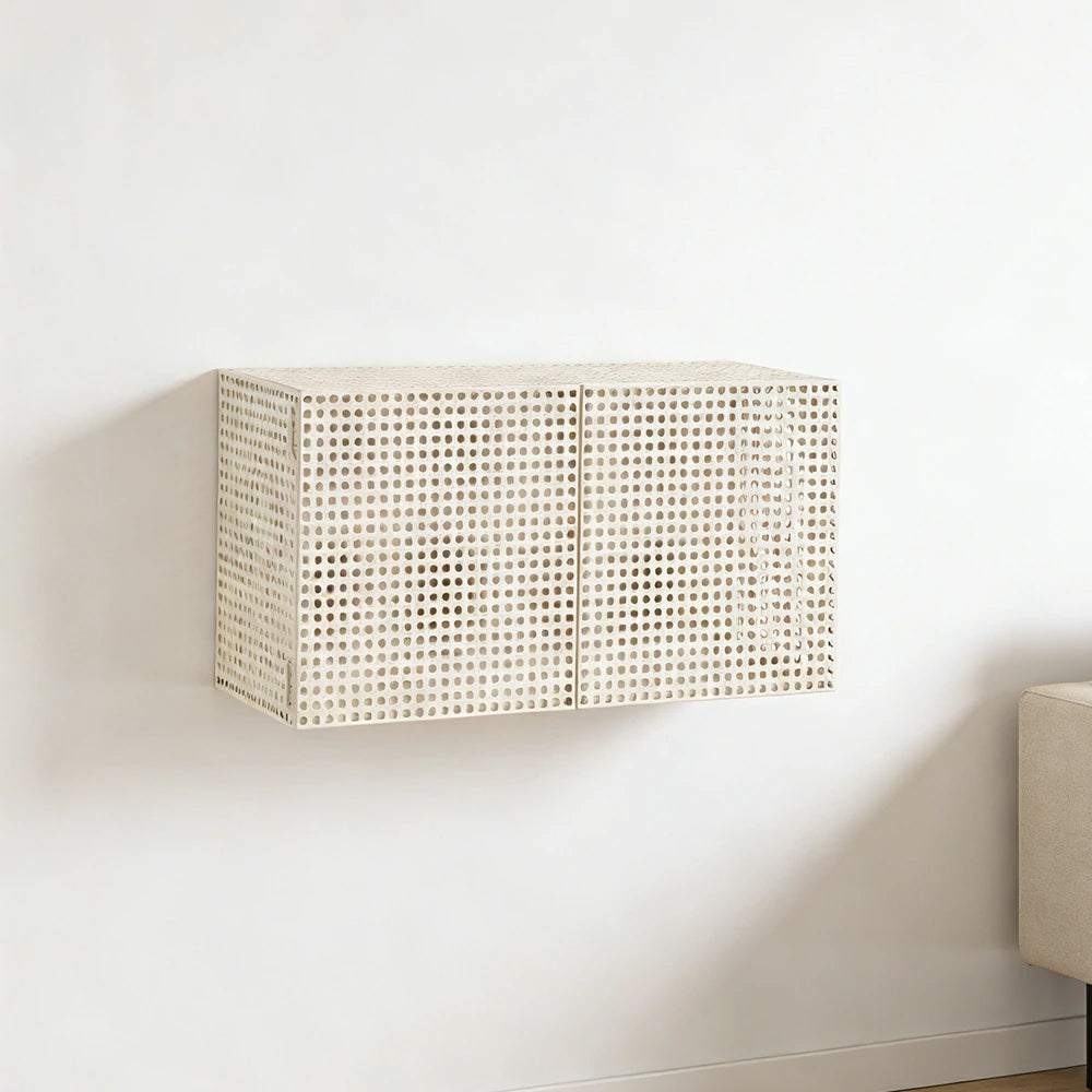 LUXORA Wall-Mounted Storage Cabinet - Magnetic Soft-Close System - Powder-Coated Steel Frame - Modern Perforated Mesh Design - White