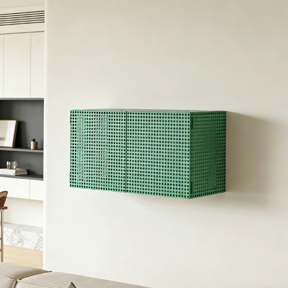 LUXORA Wall-Mounted Storage Cabinet - Magnetic Soft-Close System - Powder-Coated Steel Frame - Modern Perforated Mesh Design - Green