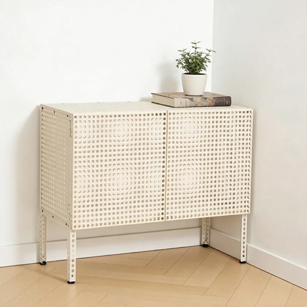 LUXORA Freestanding Storage Cabinet - Magnetic Soft-Close System - Powder-Coated Steel Frame - Modern Perforated Mesh Design - White