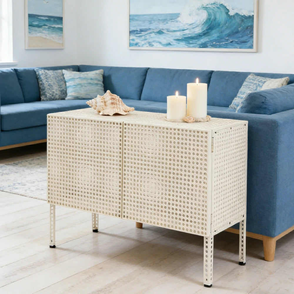 LUXORA Freestanding Storage Cabinet - Magnetic Soft-Close System - Powder-Coated Steel Frame - Modern Perforated Mesh Design - White