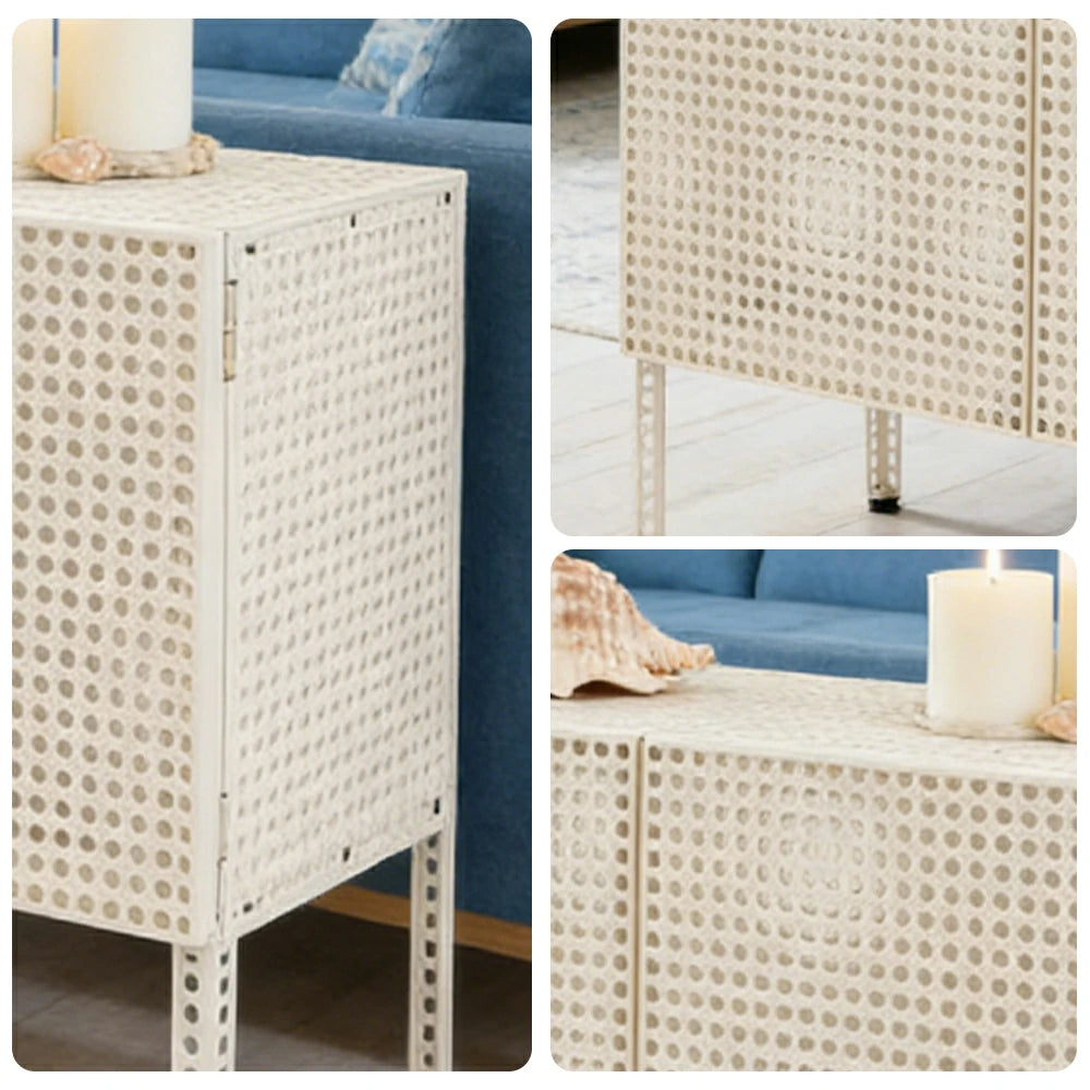 LUXORA Freestanding Storage Cabinet - Magnetic Soft-Close System - Powder-Coated Steel Frame - Modern Perforated Mesh Design - White