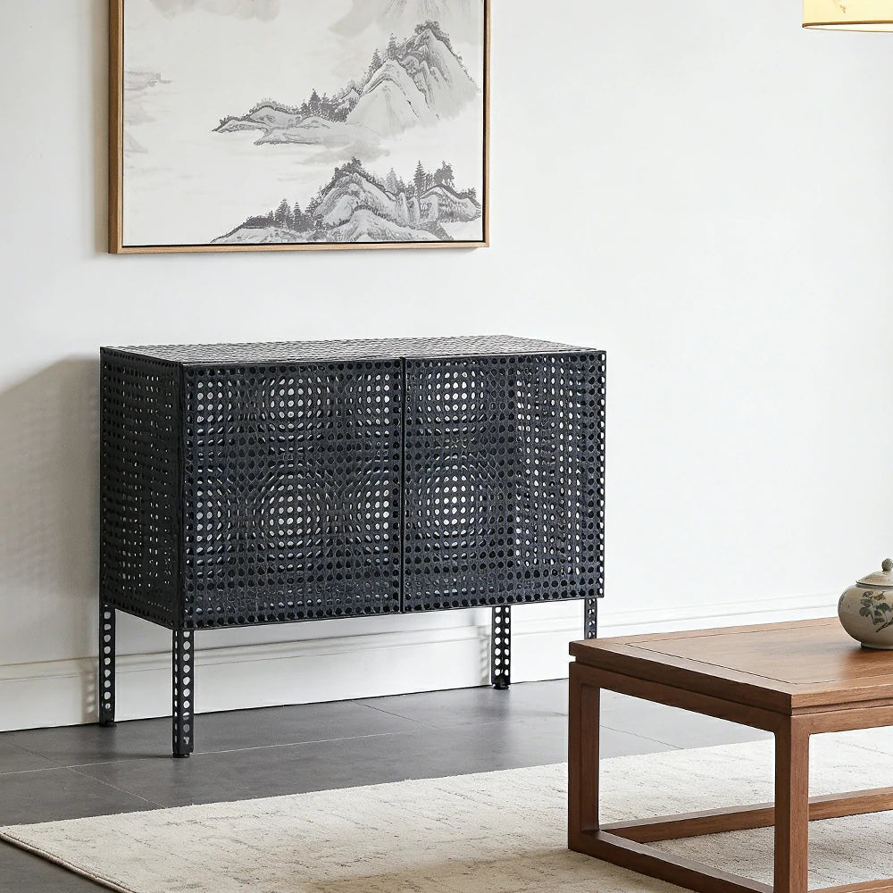 LUXORA Freestanding Storage Cabinet - Magnetic Soft-Close System - Powder-Coated Steel Frame - Modern Perforated Mesh Design - Blue