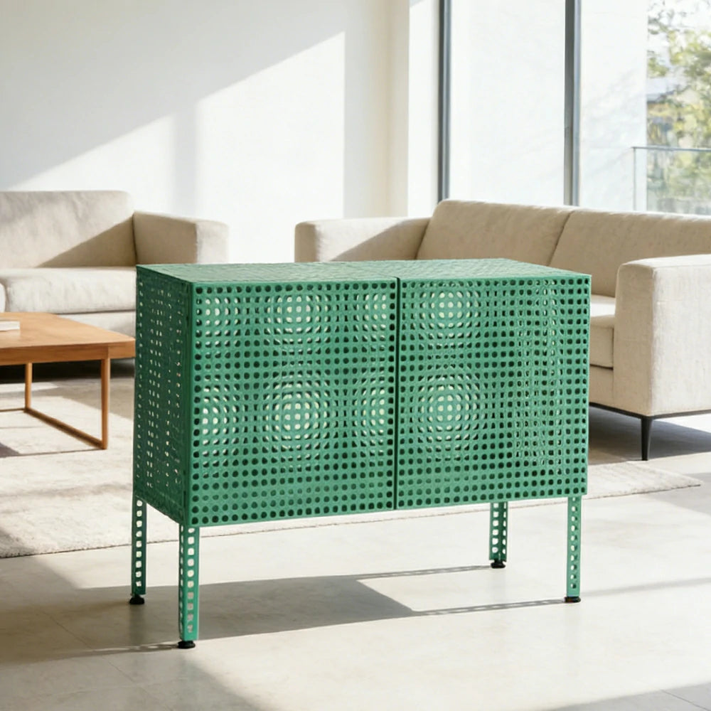 LUXORA Freestanding Storage Cabinet - Magnetic Soft-Close System - Powder-Coated Steel Frame - Modern Perforated Mesh Design - Green