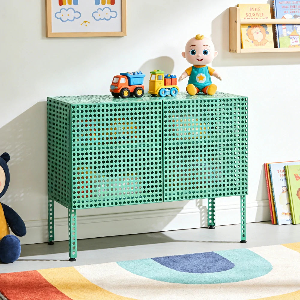 LUXORA Freestanding Storage Cabinet - Magnetic Soft-Close System - Powder-Coated Steel Frame - Modern Perforated Mesh Design - Green