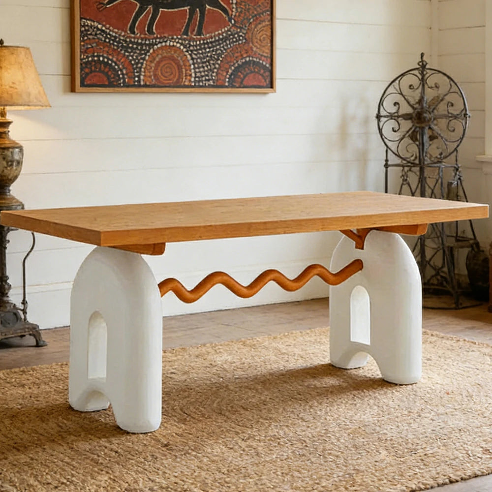 LUXORA 140/160cm Solid Wood Dining Table - French Cream Vintage Design, Sculptural Legs with Wave Crossbar, Stable Designer Table for Dining Spaces - Natural & White