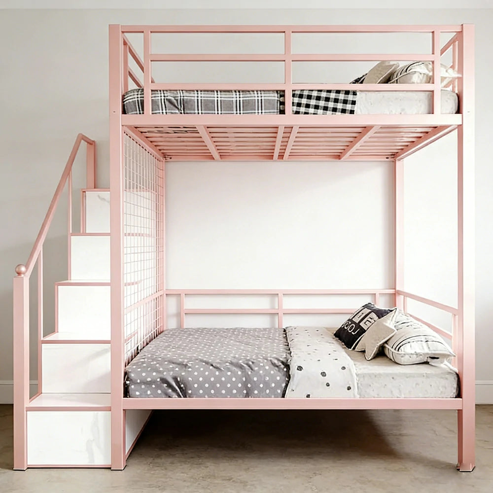 LUXORA 90/100cm Kids Bunk Bed with Storage Stairs Durable Metal Frame Space Saving Design Safety Rails - Pink