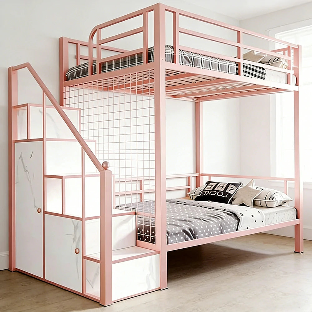 LUXORA 90/100cm Kids Bunk Bed with Storage Stairs Durable Metal Frame Space Saving Design Safety Rails - Pink