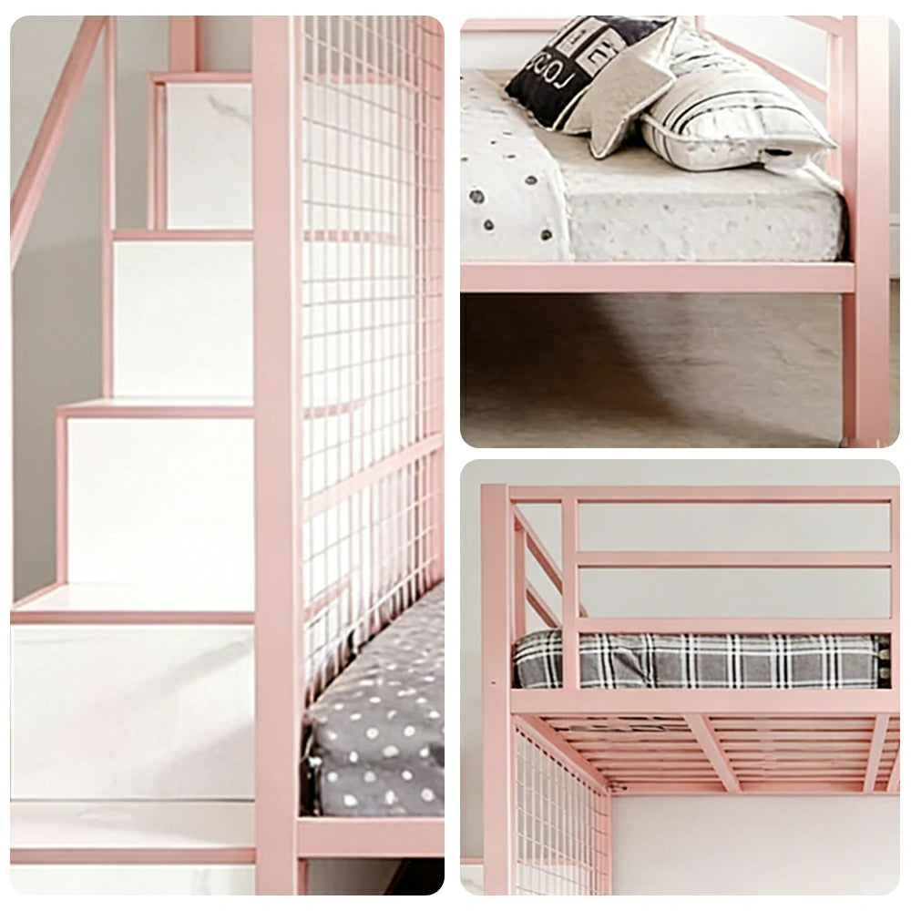 LUXORA 90/100cm Kids Bunk Bed with Storage Stairs Durable Metal Frame Space Saving Design Safety Rails - Pink