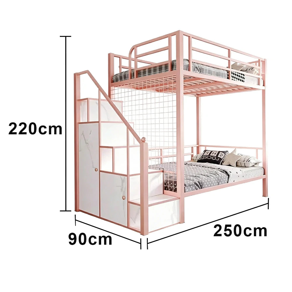 LUXORA 90/100cm Kids Bunk Bed with Storage Stairs Durable Metal Frame Space Saving Design Safety Rails - Pink