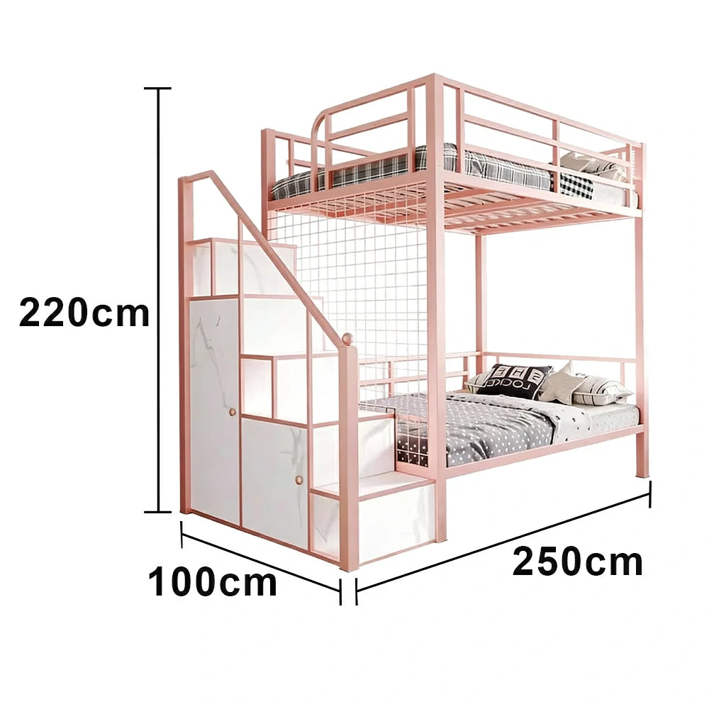 LUXORA 90/100cm Kids Bunk Bed with Storage Stairs Durable Metal Frame Space Saving Design Safety Rails - Pink
