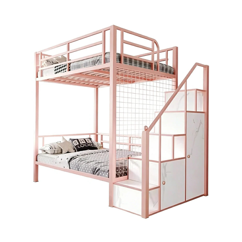LUXORA 90/100cm Kids Bunk Bed with Storage Stairs Durable Metal Frame Space Saving Design Safety Rails - Pink