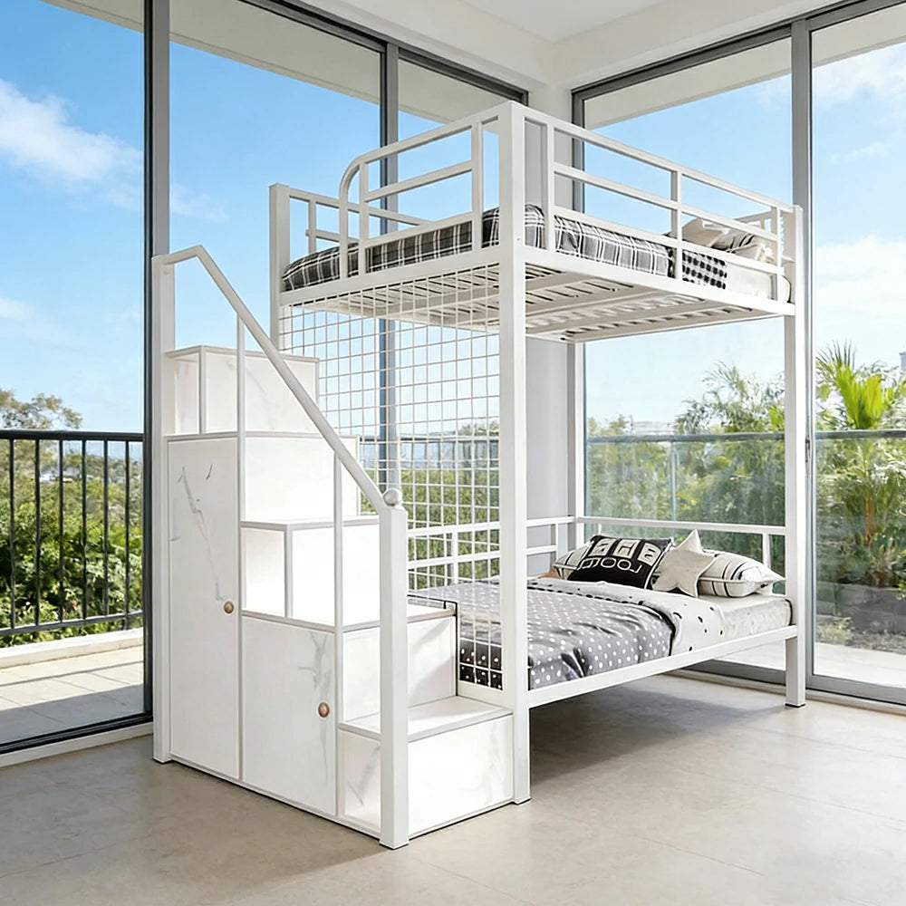 LUXORA 90/100cm Kids Bunk Bed with Storage Stairs Durable Metal Frame Space Saving Design Safety Rails - White