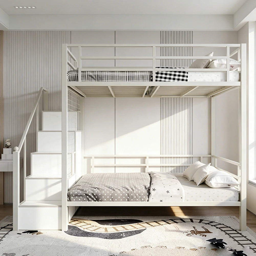 LUXORA 90/100cm Kids Bunk Bed with Storage Stairs Durable Metal Frame Space Saving Design Safety Rails - White