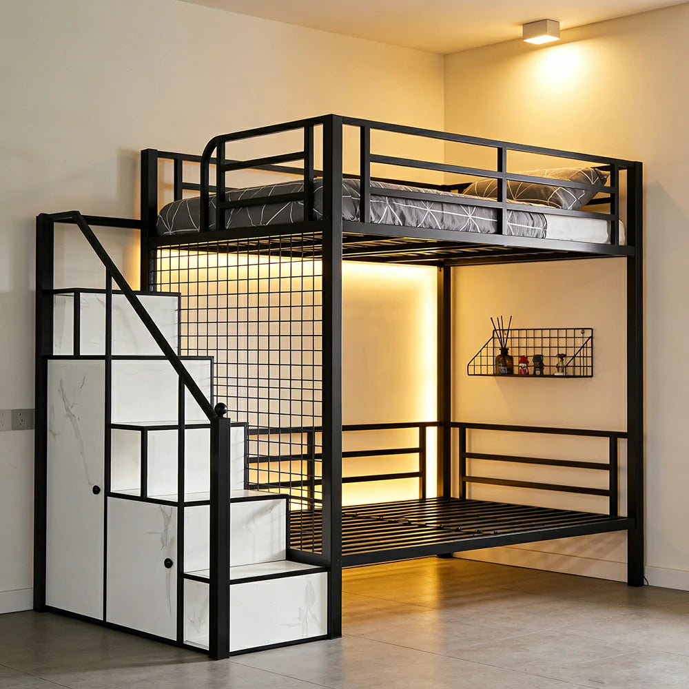 LUXORA 90/100cm Kids Bunk Bed with Storage Stairs Durable Metal Frame Space Saving Design Safety Rails - Black