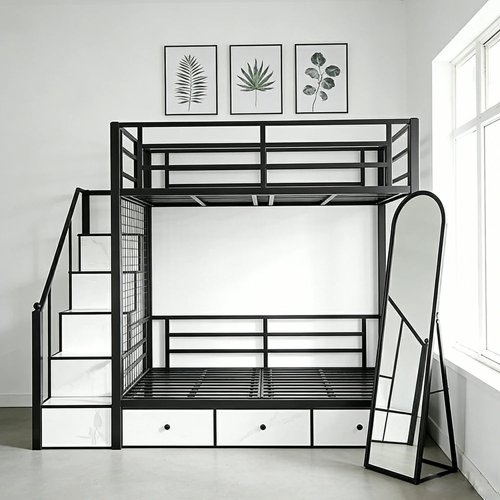 LUXORA 90/100cm Kids Bunk Bed with Storage Stairs Durable Metal Frame Space Saving Design Safety Rails - Black