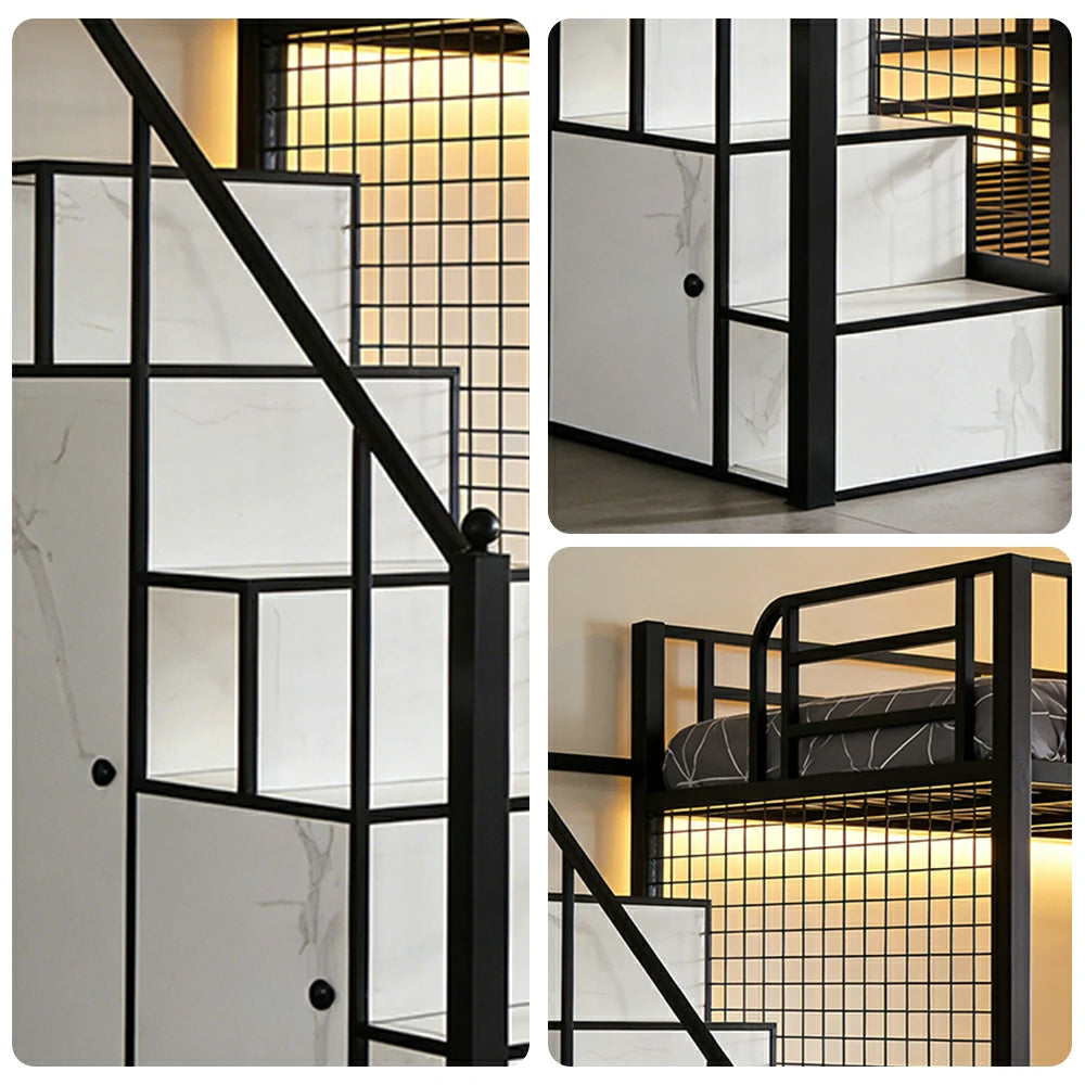 LUXORA 90/100cm Kids Bunk Bed with Storage Stairs Durable Metal Frame Space Saving Design Safety Rails - Black
