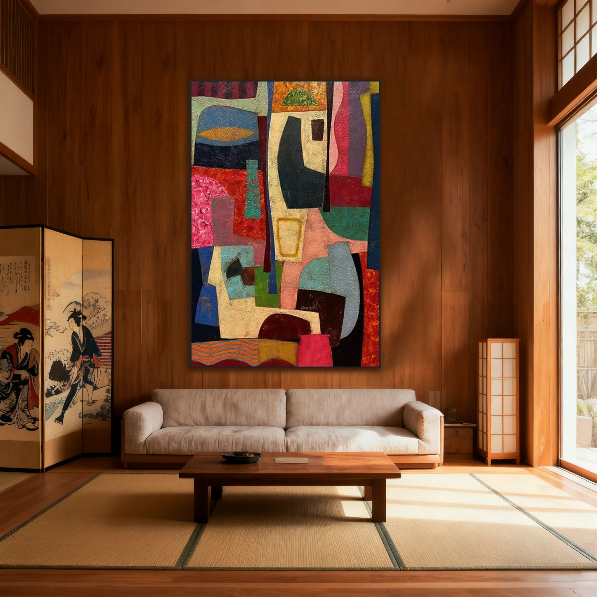 LUXORA Hand-Painted Oil Painting 70/100/140cm - Refined Abstract Artwork Combining Gentle Brushstrokes and Soft Geometry for Balanced Home Styling