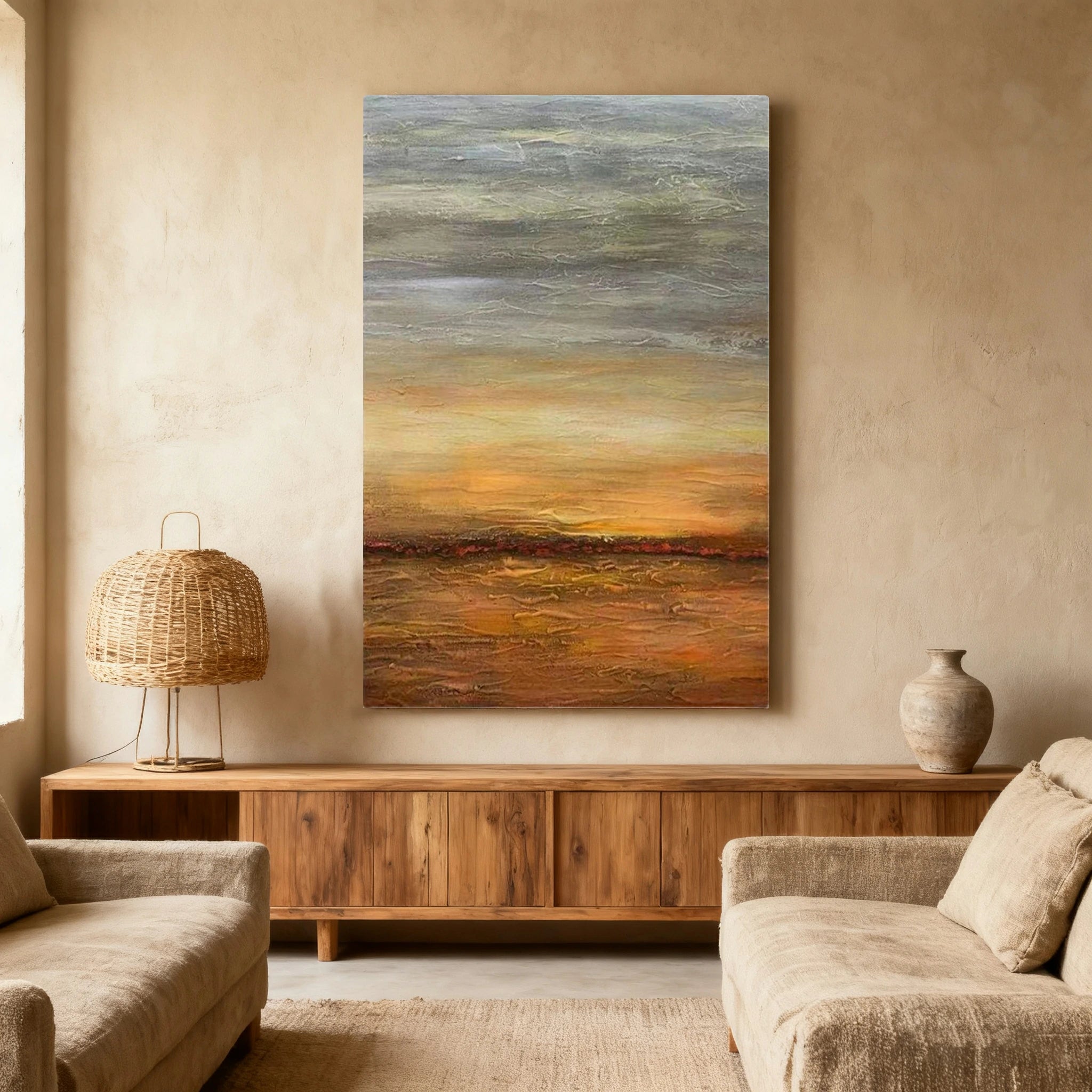 LUXORA Hand-Painted Oil Painting 70/100/140cm Warm Earth-Tone Abstract Canvas Ideal for Contemporary Living Rooms Seeking Natural, Calm, and Cozy Interior Atmosphere