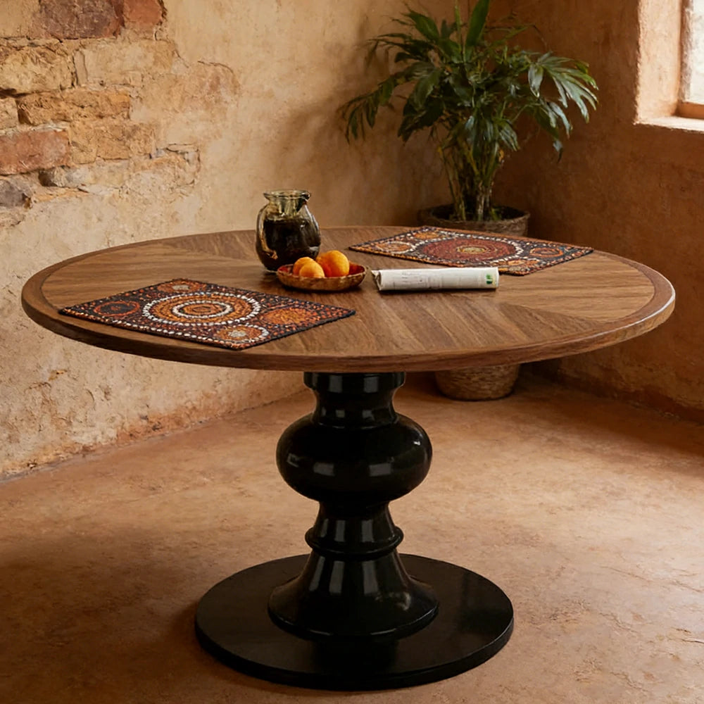 LUXORA 120/150cm Solid Wood Round Dining Table - Thick Parquet Wood Top, Pedestal Base Design, French Vintage Style for Dining Spaces - Walnut & Black