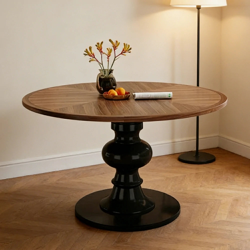 LUXORA 120/150cm Solid Wood Round Dining Table - Thick Parquet Wood Top, Pedestal Base Design, French Vintage Style for Dining Spaces - Walnut & Black