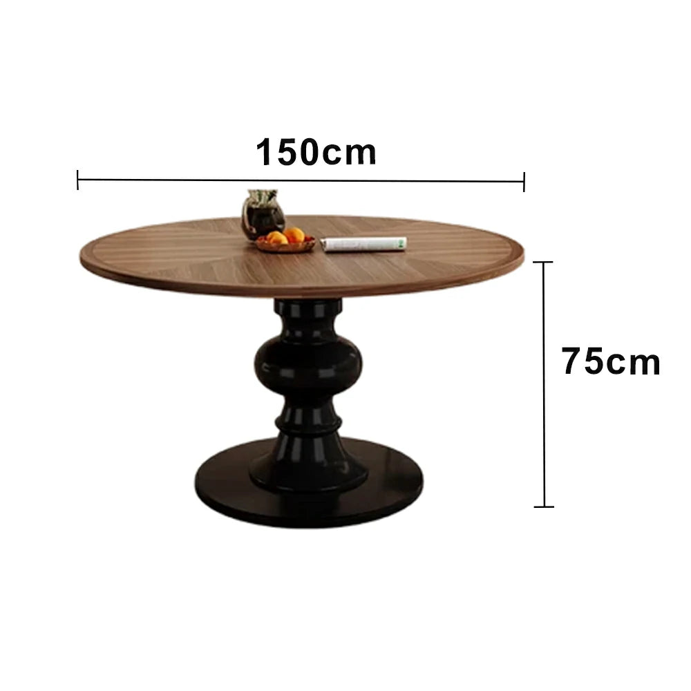 LUXORA 120/150cm Solid Wood Round Dining Table - Thick Parquet Wood Top, Pedestal Base Design, French Vintage Style for Dining Spaces - Walnut & Black