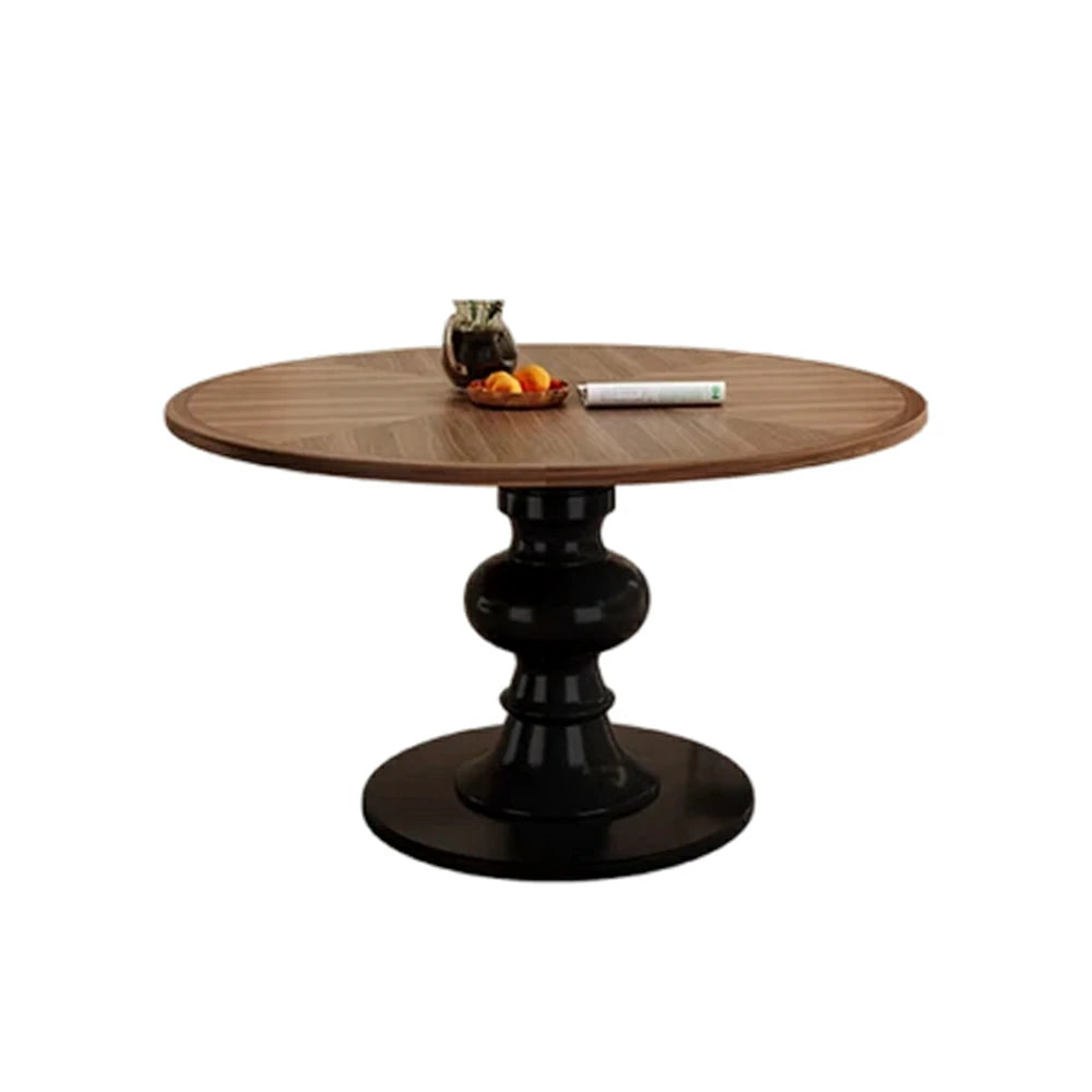 LUXORA 120/150cm Solid Wood Round Dining Table - Thick Parquet Wood Top, Pedestal Base Design, French Vintage Style for Dining Spaces - Walnut & Black