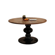 LUXORA 120/150cm Solid Wood Round Dining Table - Thick Parquet Wood Top, Pedestal Base Design, French Vintage Style for Dining Spaces - Walnut & Black
