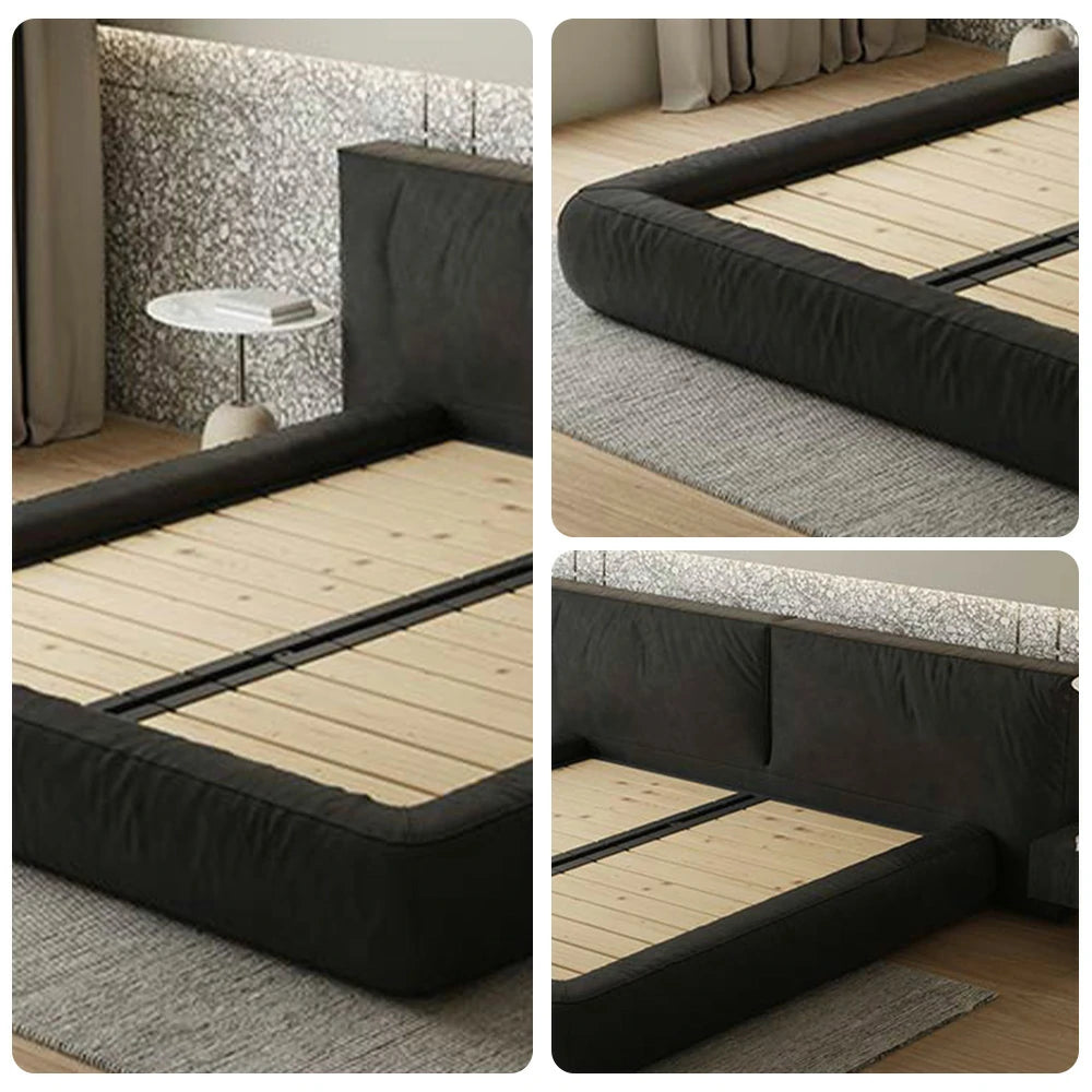 LUXORA Upholstered Bed Frame 150/180cm Nappa Leather Headboard, Solid Larch Wood & Steel Support, Padded Edges & Anti-Slip Design - Black