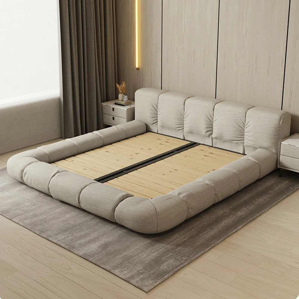 LUXORA Upholstered Bed Frame 150/180cm, Cotton-Linen Headboard, Solid Larch Wood & Steel Support, Padded Edges & Anti-Slip Design - Beige