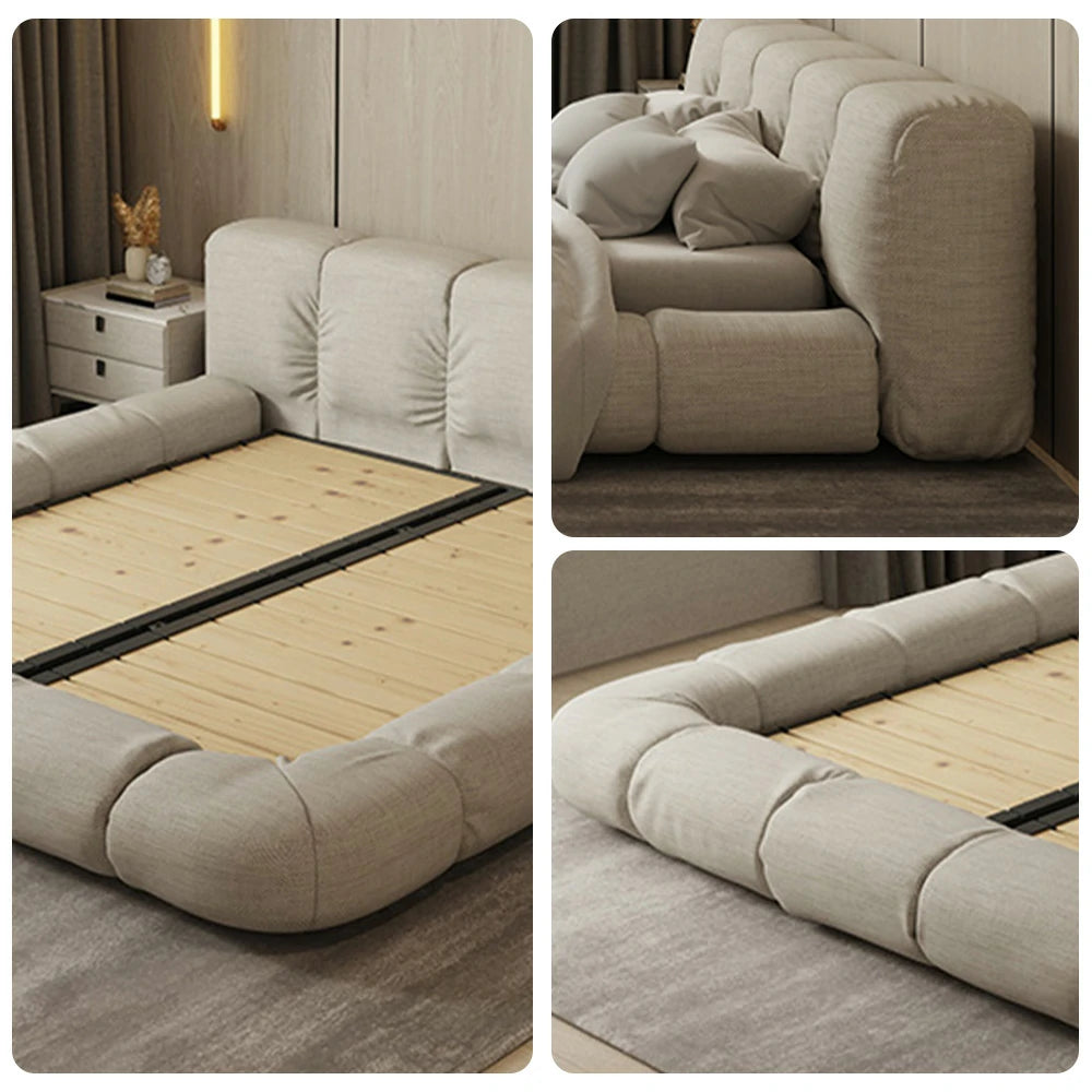 LUXORA Upholstered Bed Frame 150/180cm, Cotton-Linen Headboard, Solid Larch Wood & Steel Support, Padded Edges & Anti-Slip Design - Beige