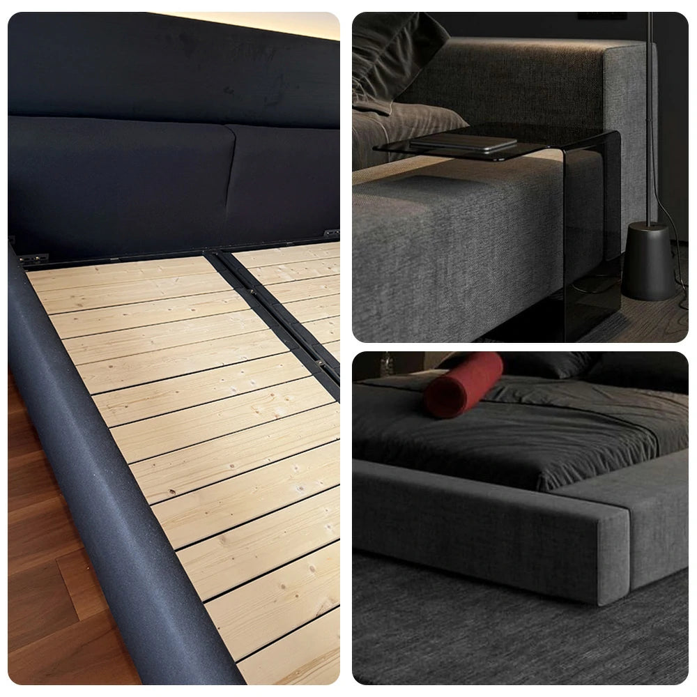 LUXORA Upholstered Bed Frame 150/180cm, Cotton-Linen Headboard, Solid Larch Wood & Steel Support, Padded Edges & Anti-Slip Design - Black