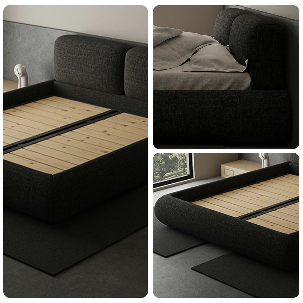LUXORA Upholstered Bed Frame 150/180cm, Linen Fabric Headboard, Solid Larch Wood & Steel Support, Padded Edges & Anti-Slip Design - Black