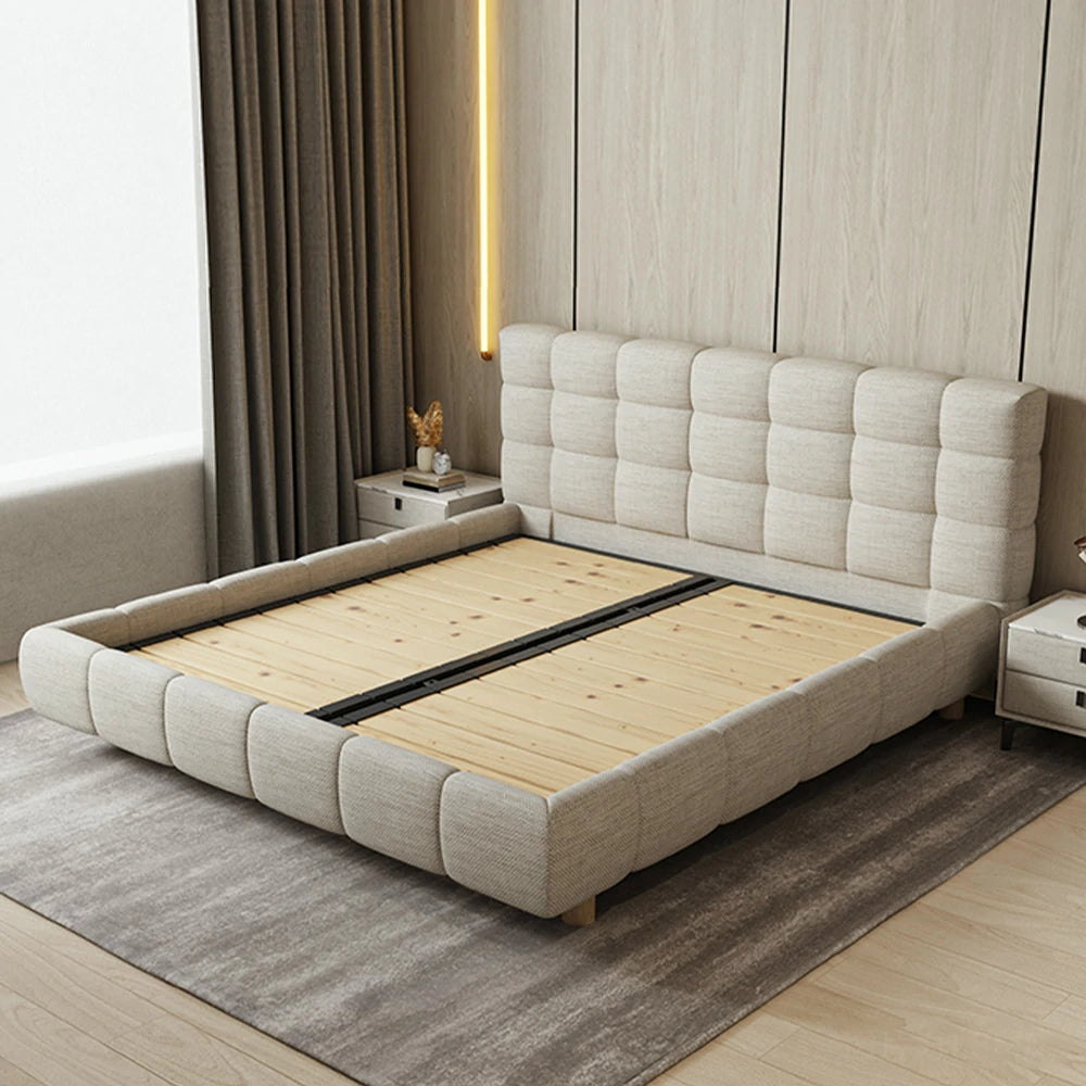 LUXORA Upholstered Bed Frame 150/180cm, Cotton-Linen & Solid Larch Wood, High Resilience Sponge & Anti-Slip Rails - Beige