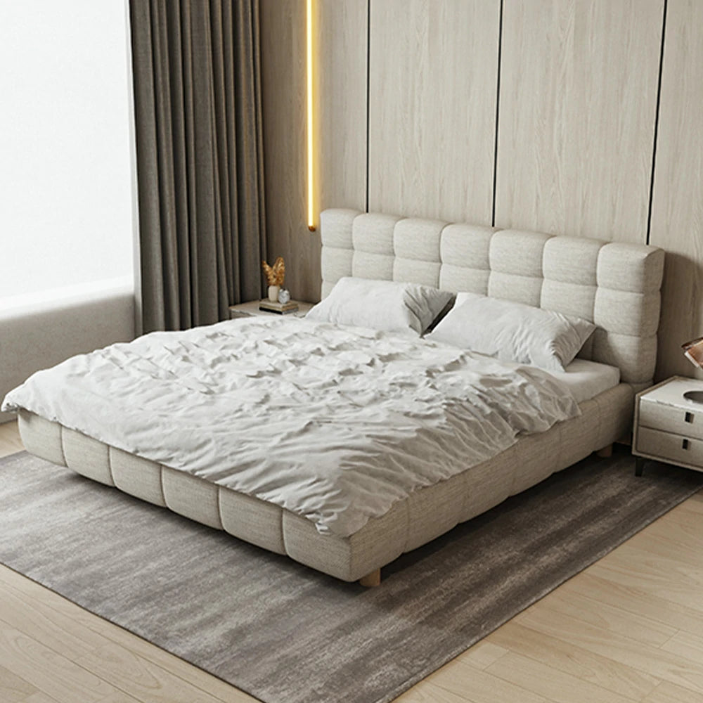 LUXORA Upholstered Bed Frame 150/180cm, Cotton-Linen & Solid Larch Wood, High Resilience Sponge & Anti-Slip Rails - Beige