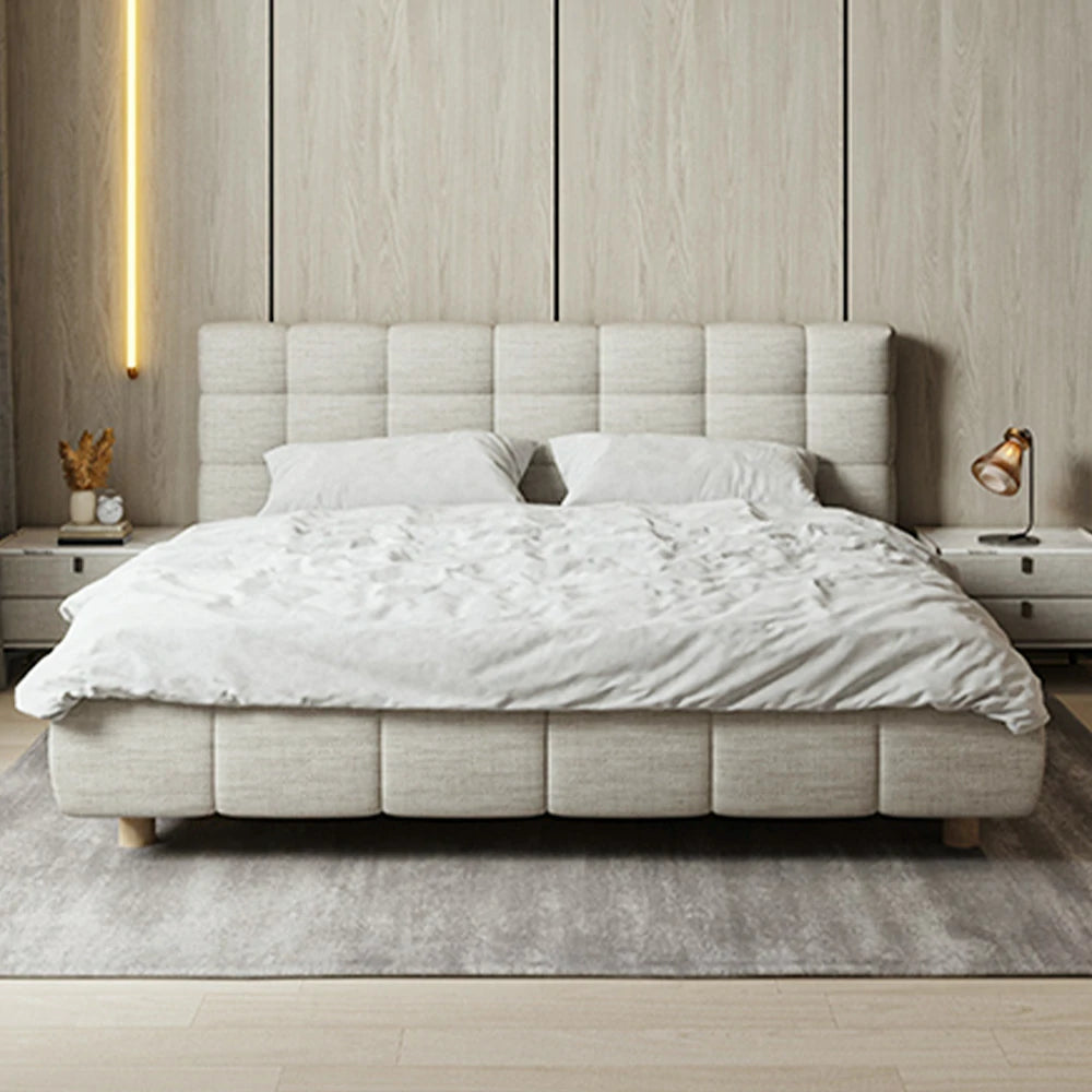 LUXORA Upholstered Bed Frame 150/180cm, Cotton-Linen & Solid Larch Wood, High Resilience Sponge & Anti-Slip Rails - Beige