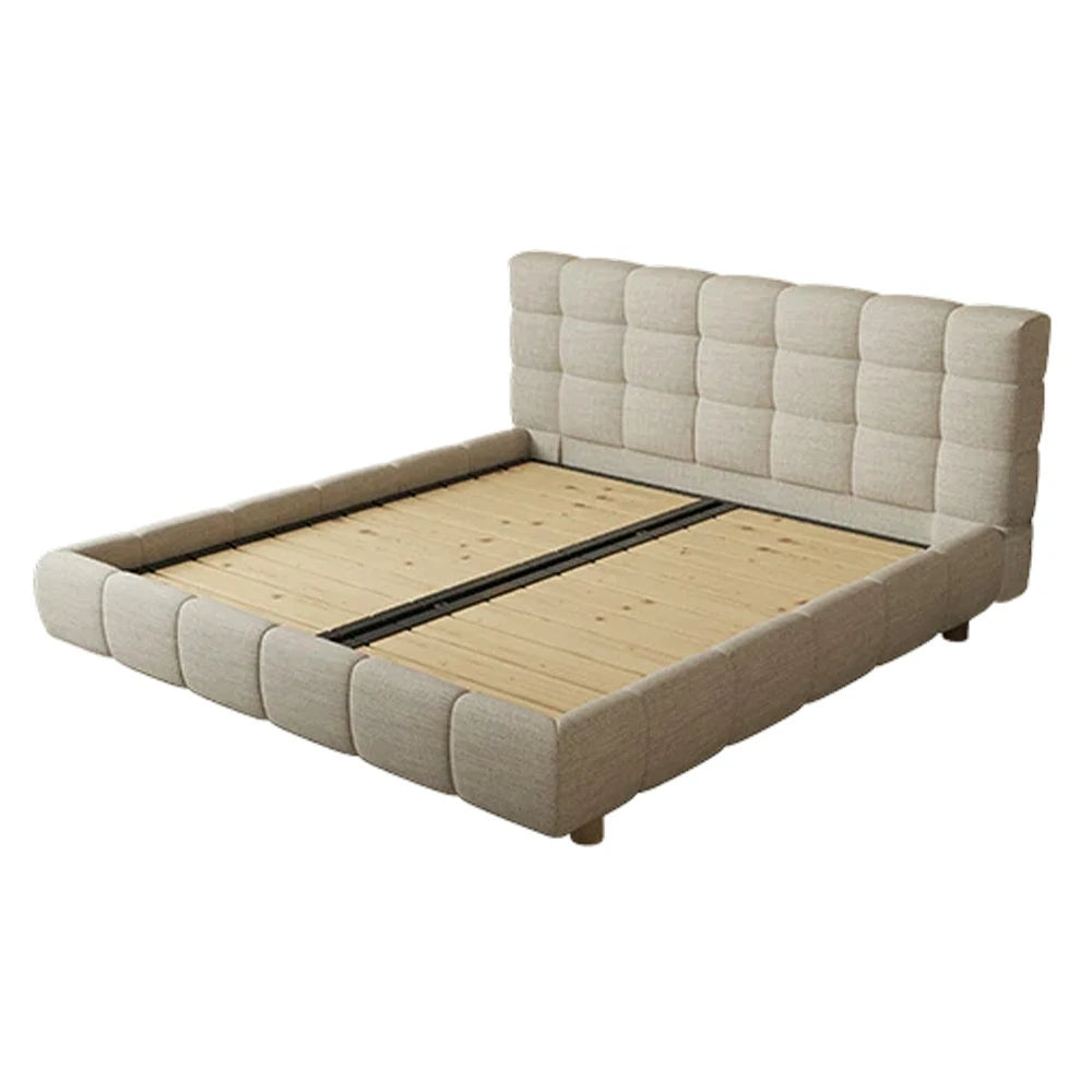 LUXORA Upholstered Bed Frame 150/180cm, Cotton-Linen & Solid Larch Wood, High Resilience Sponge & Anti-Slip Rails - Beige