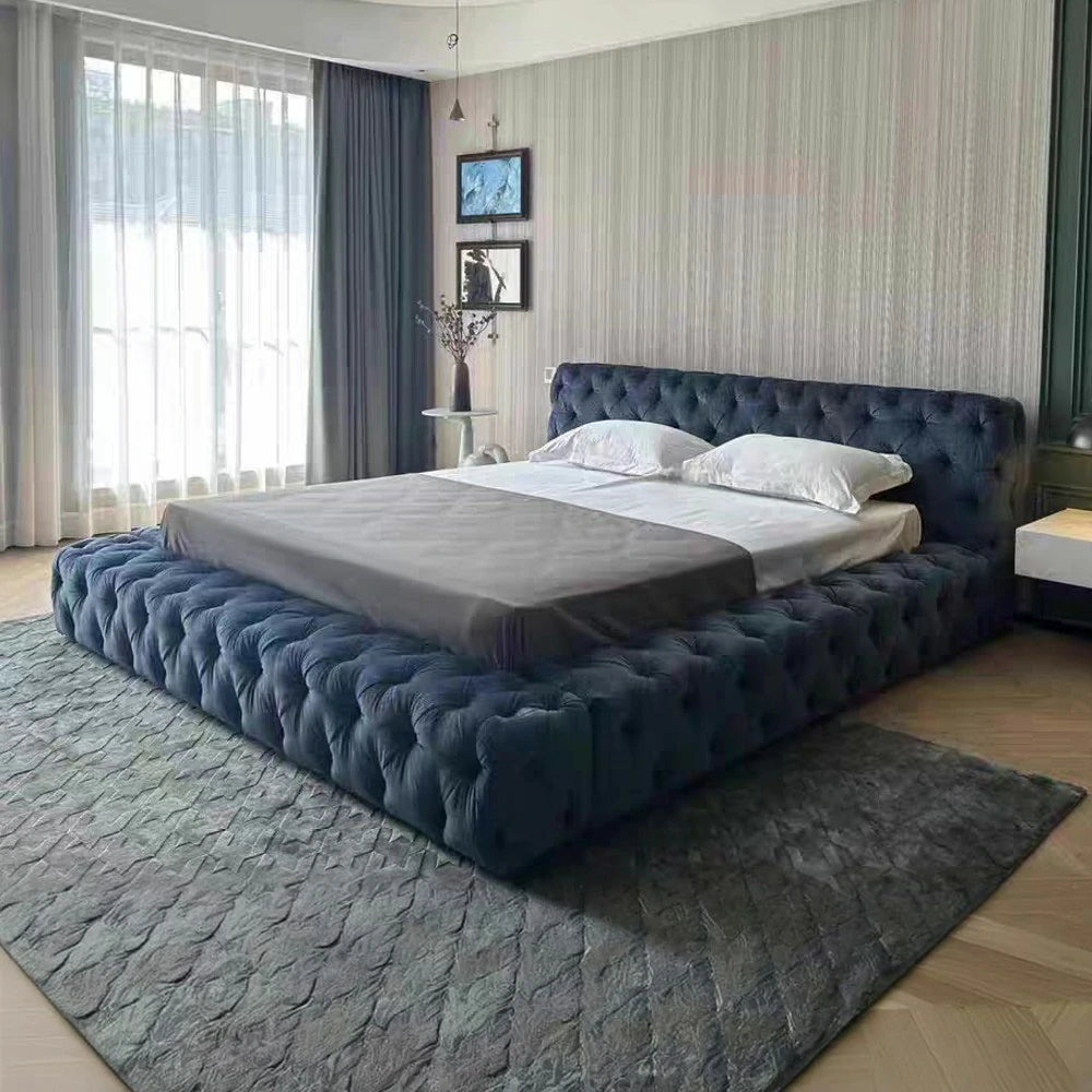 LUXORA Upholstered Bed Frame 150/180cm, Velvet & Solid Larch Wood, High Resilience Sponge, Padded Edges - Blue