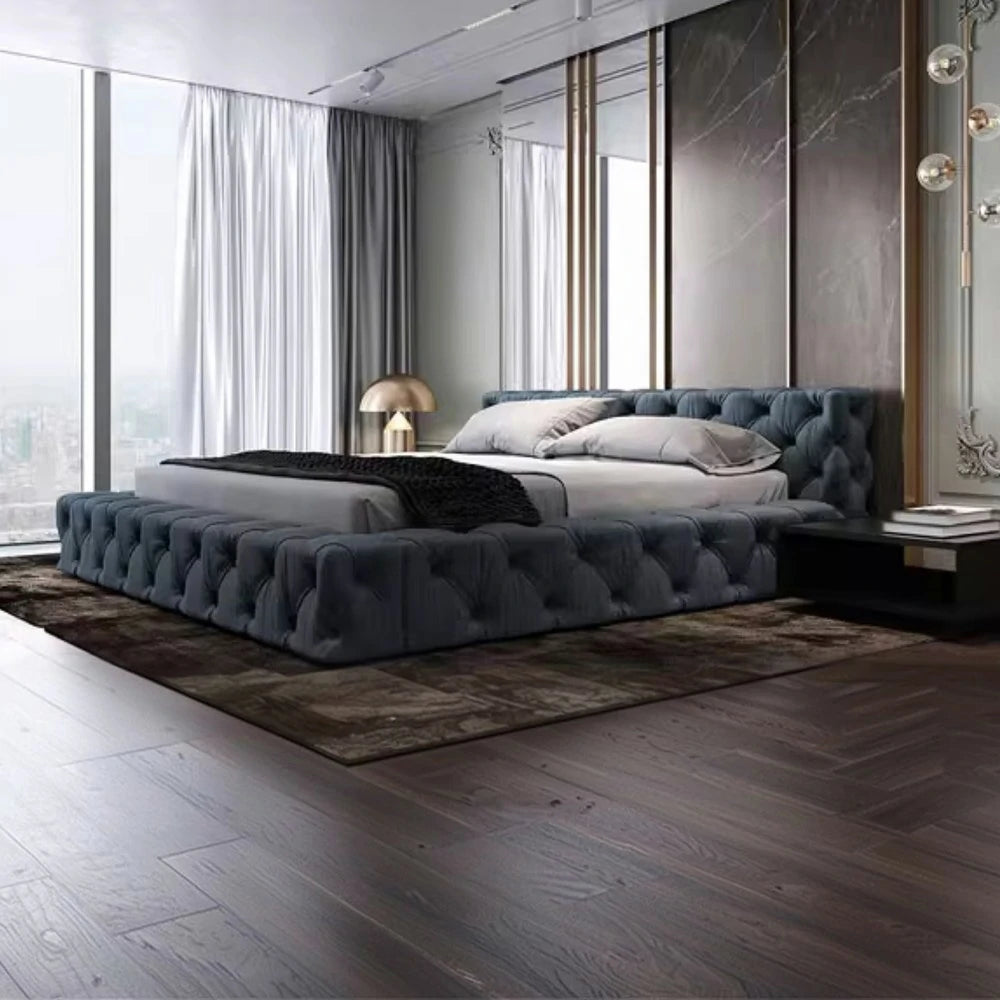 LUXORA Upholstered Bed Frame 150/180cm, Velvet & Solid Larch Wood, High Resilience Sponge, Padded Edges - Blue