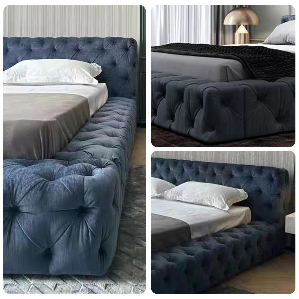LUXORA Upholstered Bed Frame 150/180cm, Velvet & Solid Larch Wood, High Resilience Sponge, Padded Edges - Blue