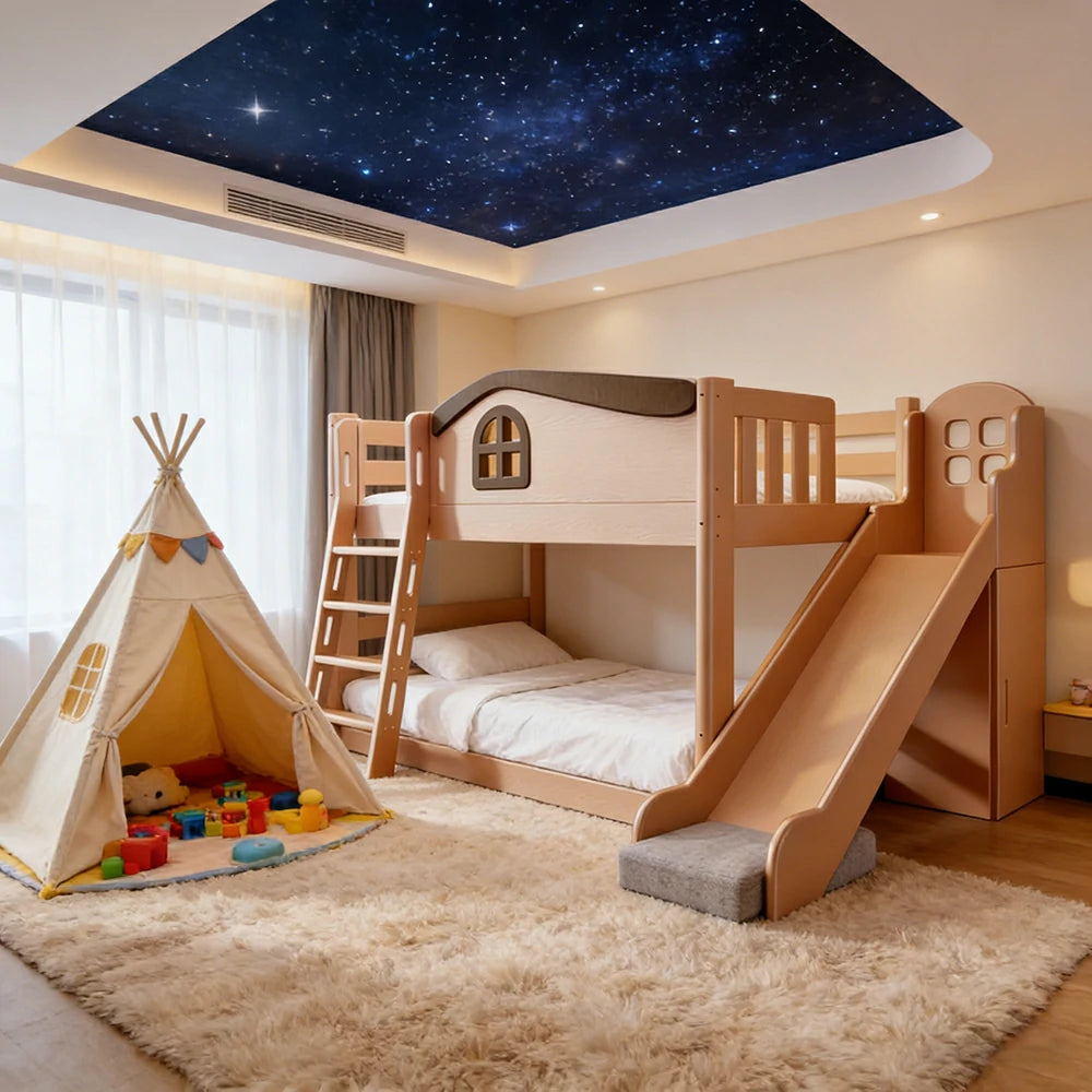 LUXORA 120/135/150cm Kids Slide & Ladder Bed - Multi-Function Storage System, Solid Wood Frame, Stair Drawer Storage Design - Wood