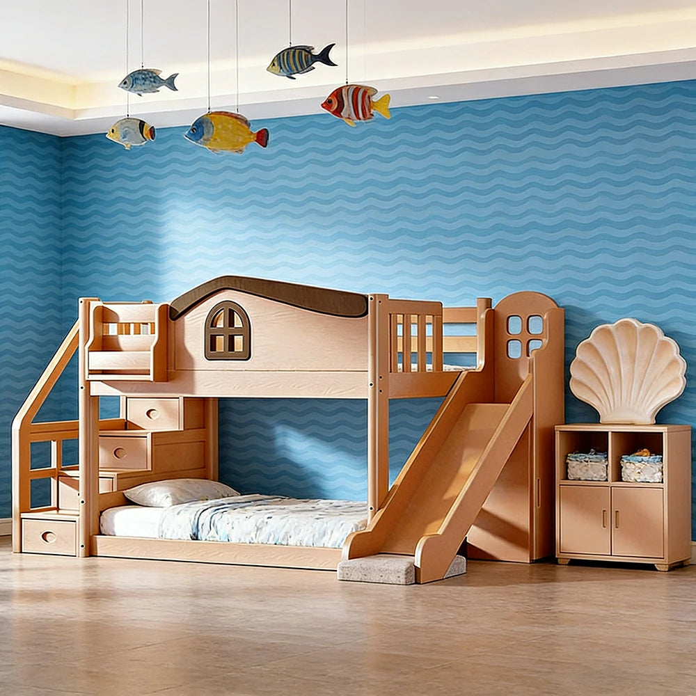 LUXORA 120/135/150cm Kids Slide & Storage Stair Bed - Multi-Function Storage System, Solid Wood Frame, Stair Drawer Storage Design - Wood