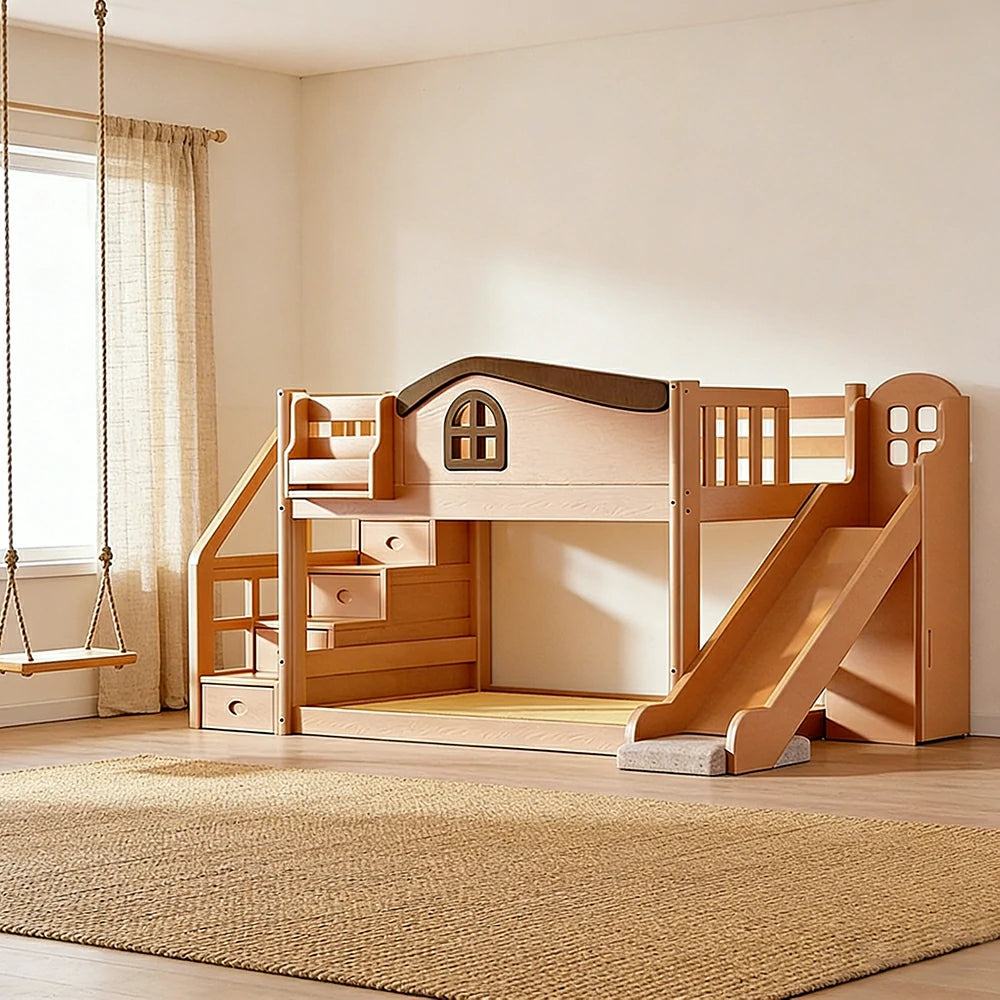 LUXORA 120/135/150cm Kids Slide & Storage Stair Bed - Multi-Function Storage System, Solid Wood Frame, Stair Drawer Storage Design - Wood