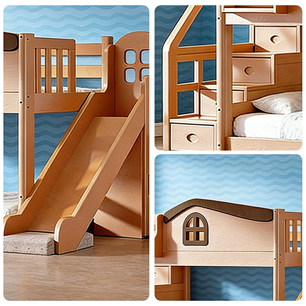 LUXORA 120/135/150cm Kids Slide & Storage Stair Bed - Multi-Function Storage System, Solid Wood Frame, Stair Drawer Storage Design - Wood